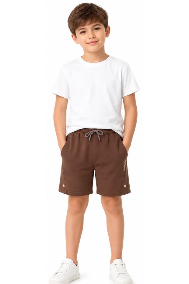 Boy'S/Girl's West Coast Written Snap Fastener Model Pocketed Elastic Waist Drawstring Fastening Brown Color Shorts
