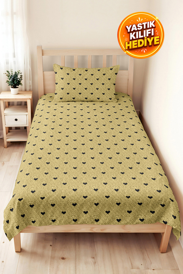 Hearted Yellow Young Room Single Pique Set - Minimal Black 160X220 cm Quilted Bedspread