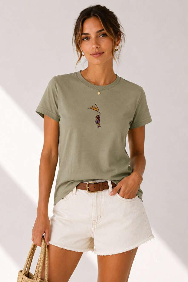 Khaki Crew Neck Embroidered Women's T-Shirt