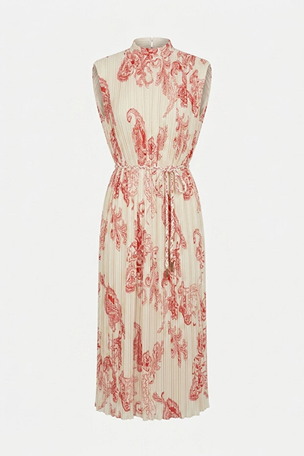 Shawl Patterned Pleated Dress - Red