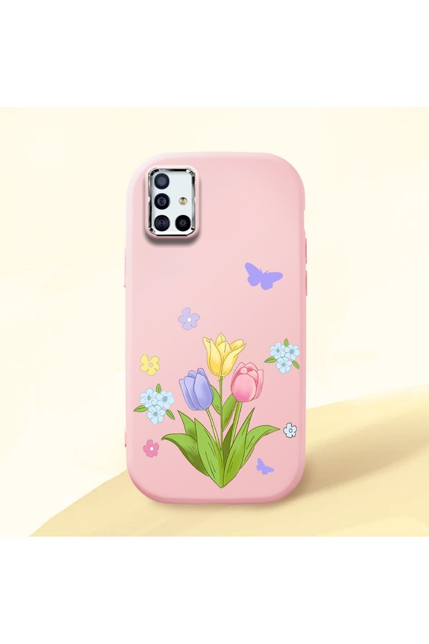 Samsung Galaxy A51 Compatible Case Camera Protective Pink Silicone Couple Phone Case with Floral Pattern
