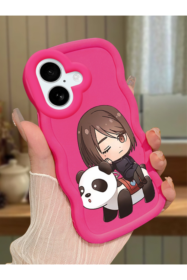 iPhone 16 Plus Compatible Case with Camera Protector Red Silicone Couple Phone Case Panda Pattern