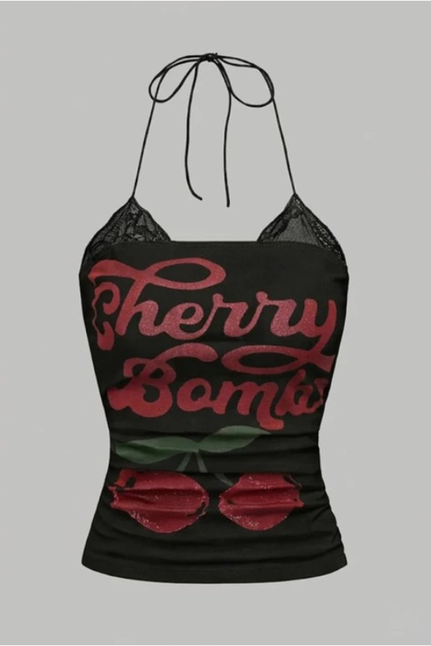 Black Cherry Bomb Lace Trim Y2K Strap Crop