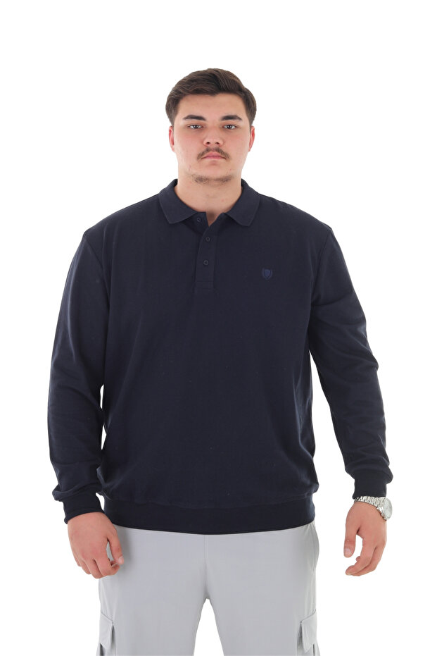 Long-Sleeved Polo Collar Seasonal Sweatshirt Suitable for Men with Large Sizes between 115-155 Kilograms, Navy Blue