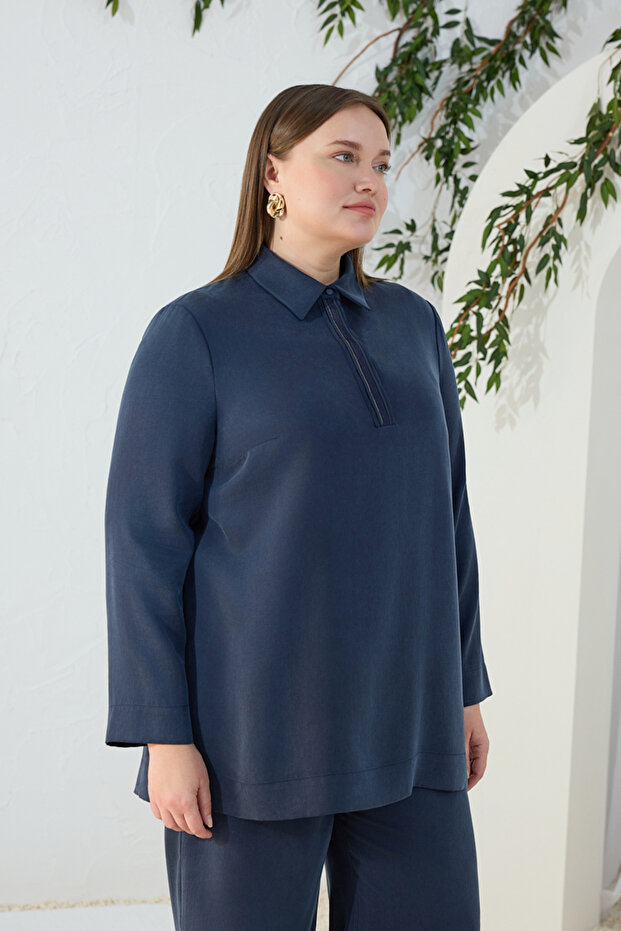 Navy Blue Half-Patch Detailed Blouse - 5