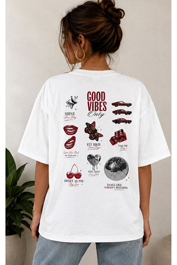 Good Vibes Only Printed Oversize Unisex White T-Shirt 100% Cotton Casual Basic T-Shirt