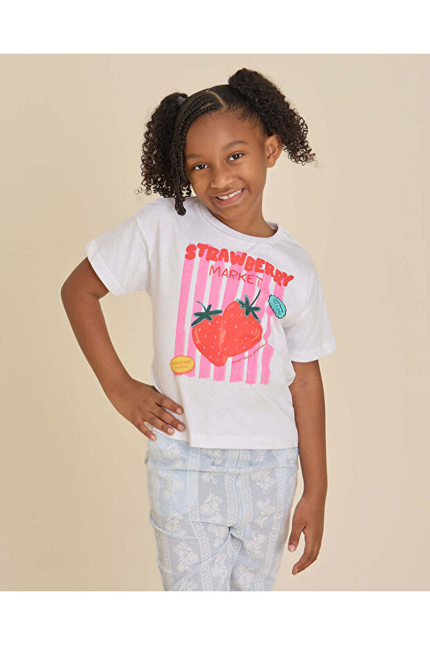 Girls White Strawberry Print T-shirt