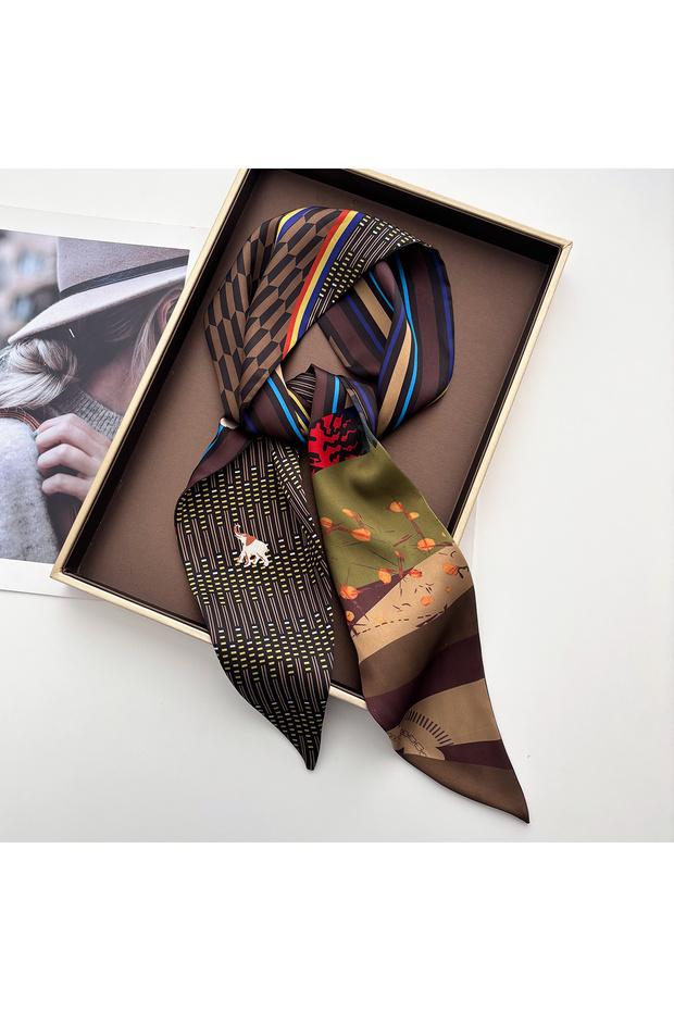6XJ117-6-Brown Elegant Print Skinny Scarf For Women Luxury HairBand Soft Stain Silk Ribbon Tie Neck