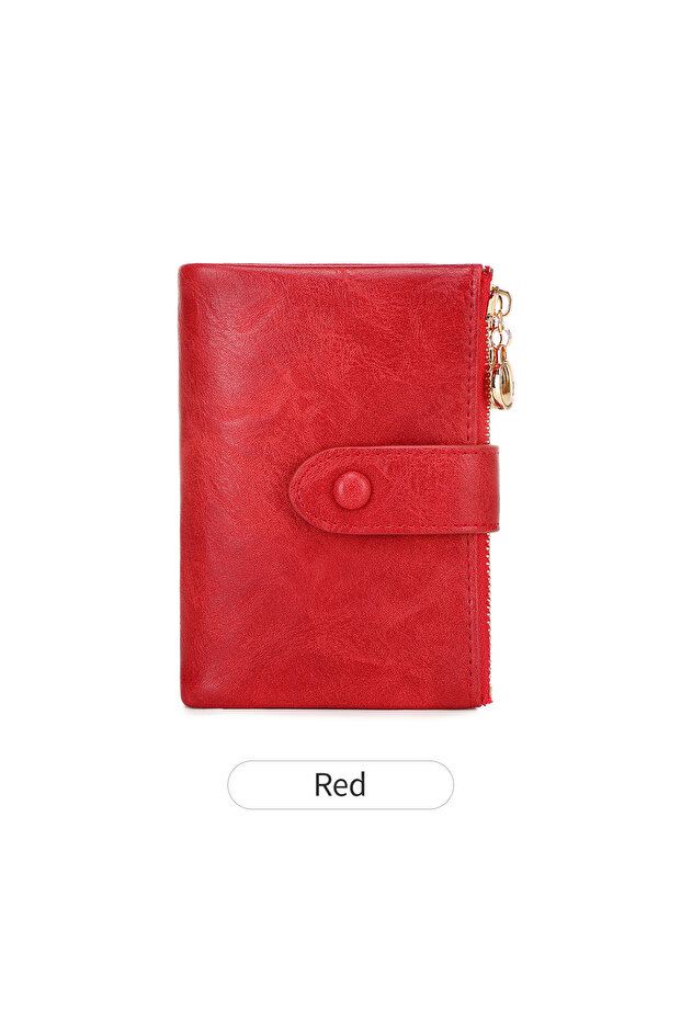 QB347-Red Minimalist Women's Wallet Short Three Layer Large Capacity Double Zipper Card Holder ID Ca