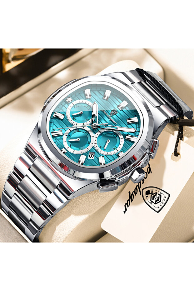 834 Silver MintBlue Top High Quality Man Watch Luminous Waterproof Stainless Steel Men Clock Date C