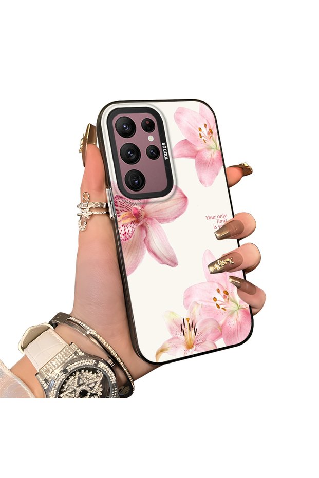 Samsung Galaxy S22 Ultra Compatible Silicone Edge Hard Back Case Couple Phone Case with Floral Pattern