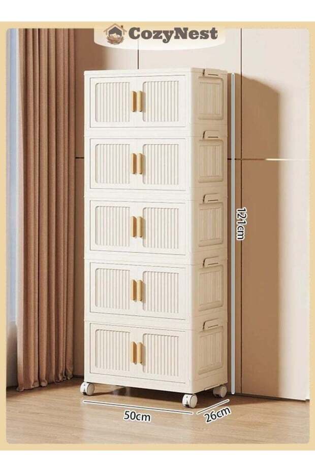 CozyNest 5-Tier Foldable Plastic Storage Cabinet with Flip Doors and Wheels, 50cm Wide