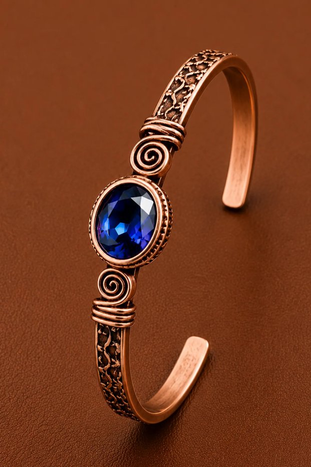 Women's Copper Bracelet with Sapphire Zircon Natural Stone Oval Patterned Embroidered Women's Copper Bracelet