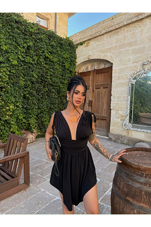 Black Deep V-Neck Dress with Shorts