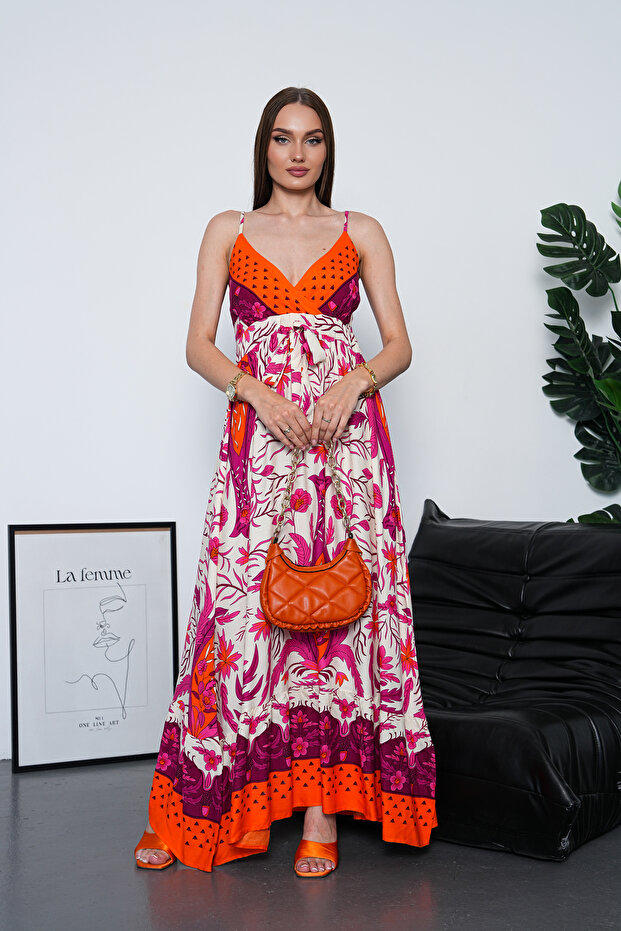 Full Length Straps Double Breasted Me Gathered Viscose Dress