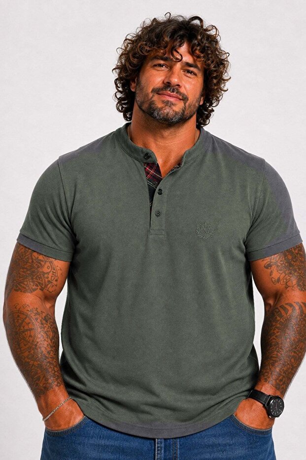 Men's Large Size Single Jersey Polo T-Shirt with Stand Collar 26400 Khaki