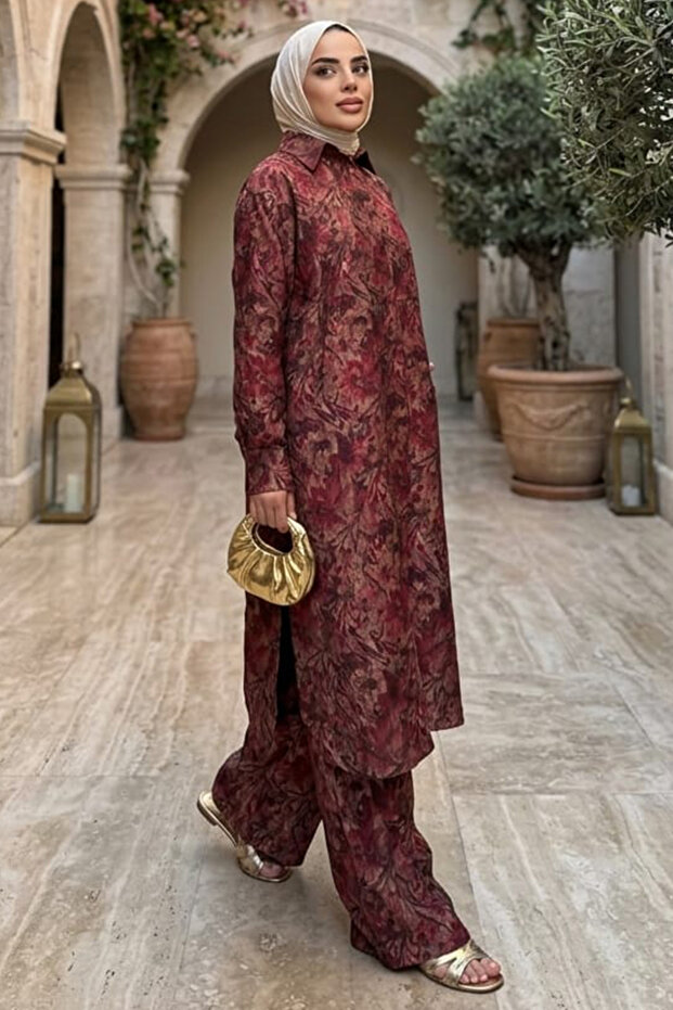 Ethnic Patterned Dusty Rose Hijab Tunic Pants Set 95727Gk