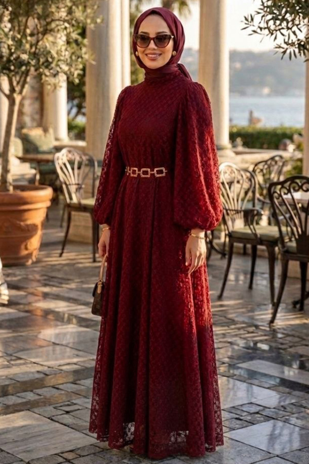 Lace Burgundy Hijab Dress 54123Br