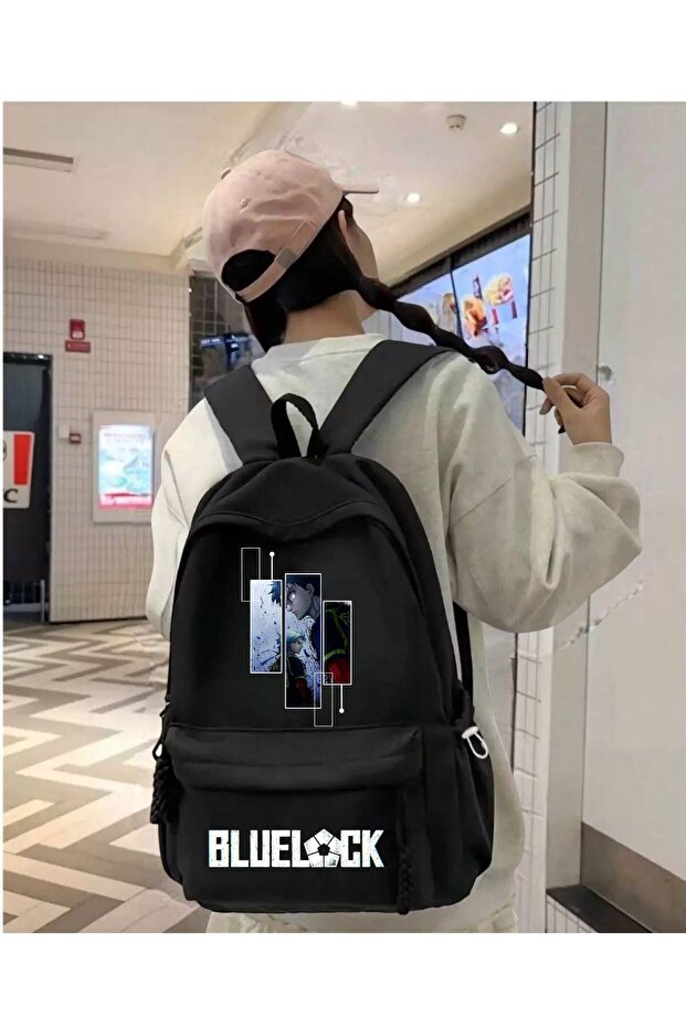 حقيبة ظهر مدرسية مطبوعة باللون الأسود والأزرق من Blue Lock، حقيبة ظهر للمدرسة والدروس والدورات