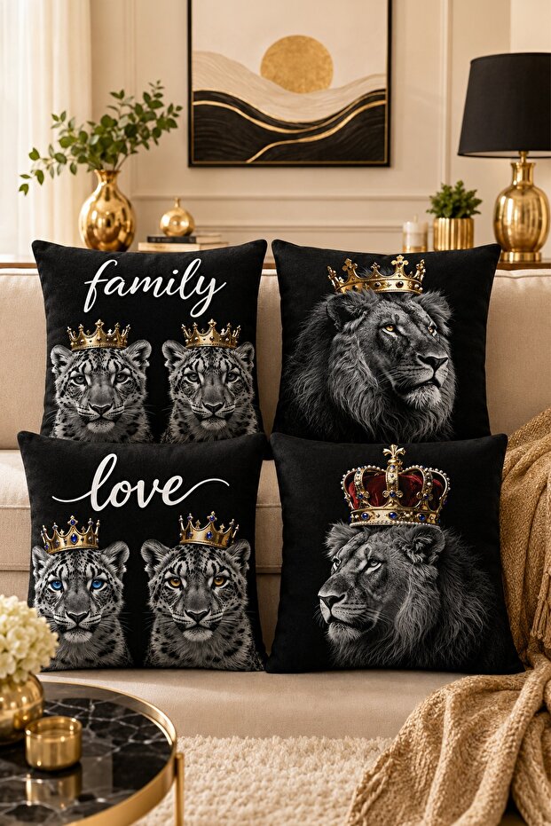 Kıral Lion Crown Patterned 4-Piece Throw Pillow Cover Set