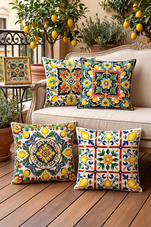 Ethnic Lemon Drawings Patterned 4-Piece Throw Pillow Cover Set