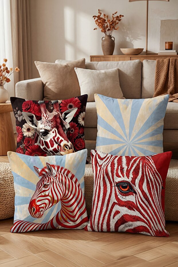 Red Striped Leopard Patterned 4-Piece Throw Pillow Cover Set