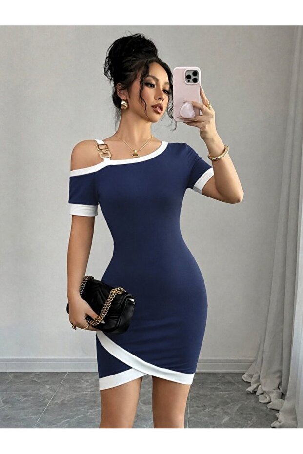 Women's Short Sleeve Asymmetric Cut Collar Stripe and Accessory Detailed Modal Dress