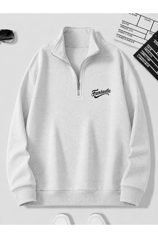 Men's Standing Collar Zippered Printed Comfortable Cut Sweatshirt