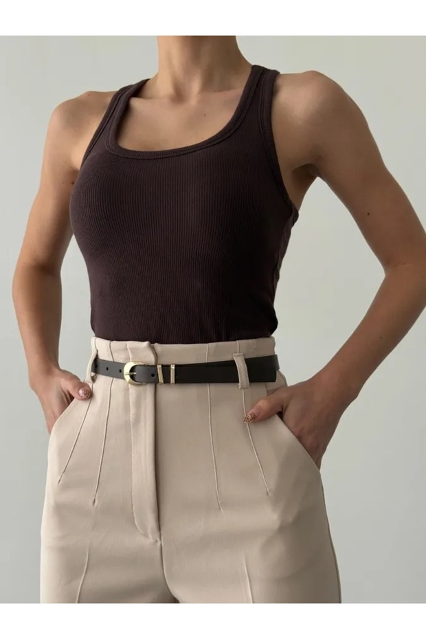 Wide Collar Brown Women's Tank Top Atl01546