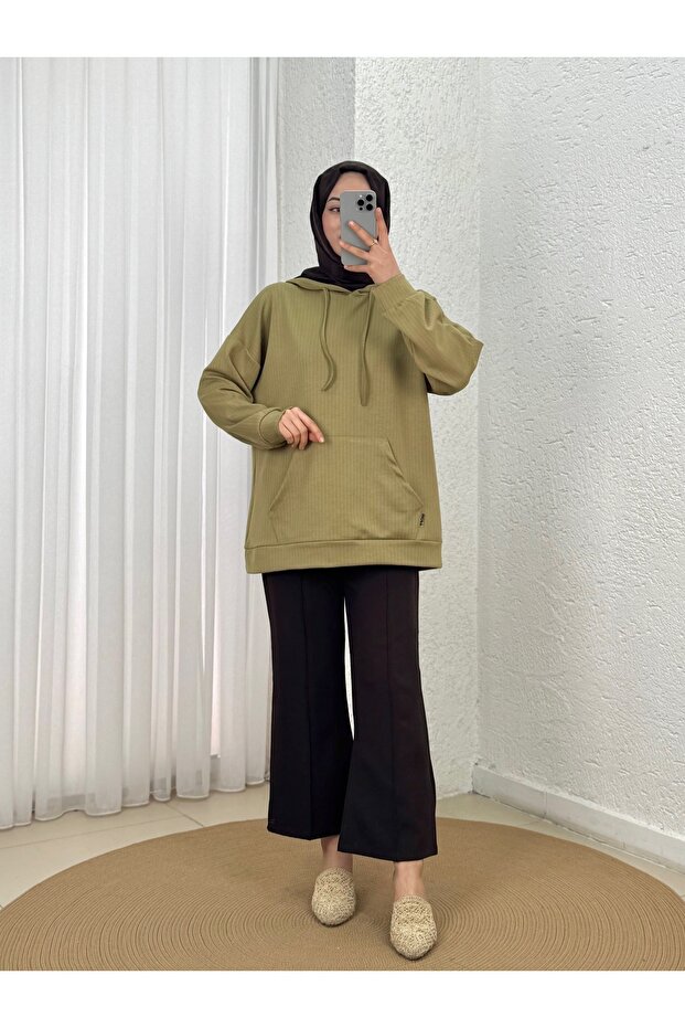 Çağıl Self-Stripe Kangru Pocket Hooded Sweatshirt-Mf1832 Pistachio Green