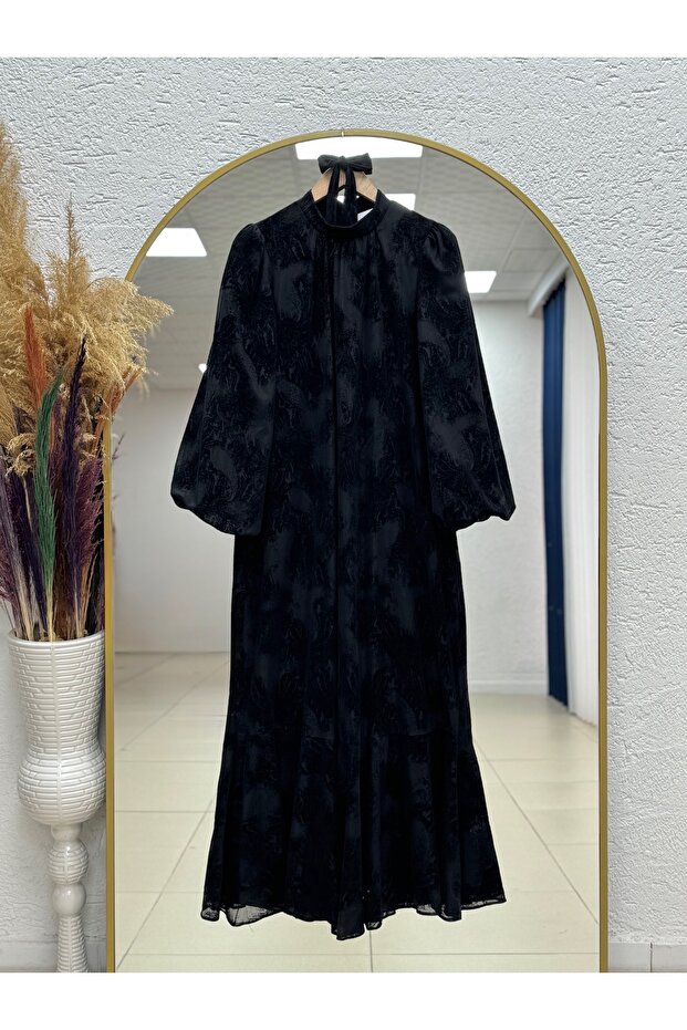 Mihri Patterned Pleated Front Balloon Sleeve Tulle Dress-Pa9820 Black