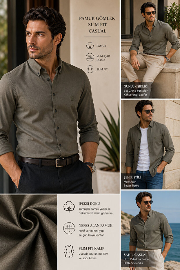 Long Sleeve Slim Fit 100% Cotton Button-Down Collar Casual Men's Shirt