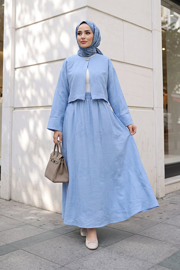 طقم تنورة أنيق بتطريز مظهر الكتان - أزرق فاتح