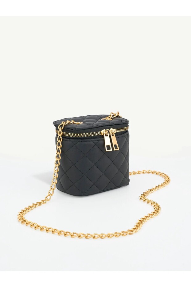 Lucia Black Mini Box Quilted Patterned Chain Strap Crossbody Women's Handbag and Shoulder Bag