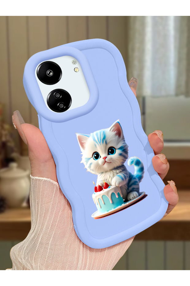 Poco C65 Compatible Case Camera Protector Blue Silicone Couple Phone Case Cat Pattern