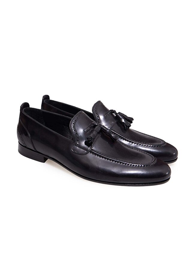 Black Color Laceless Genuine Leather Men's Shoes