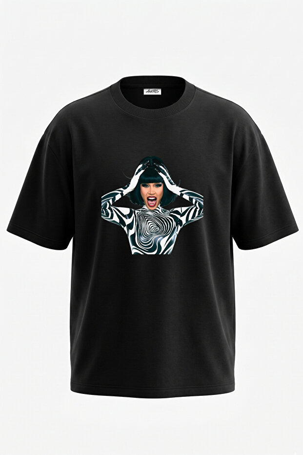 Cardi B_13 Design Printed Unisex Oversize Black Tshirt