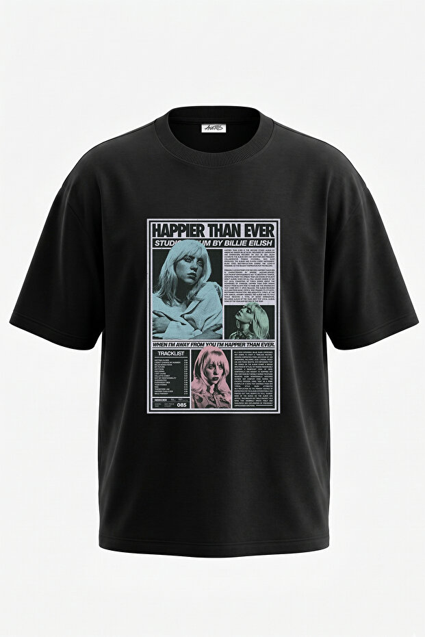 تي شيرت أسود كبير الحجم مطبوع بتصميم Billie Eilish_93 للجنسين