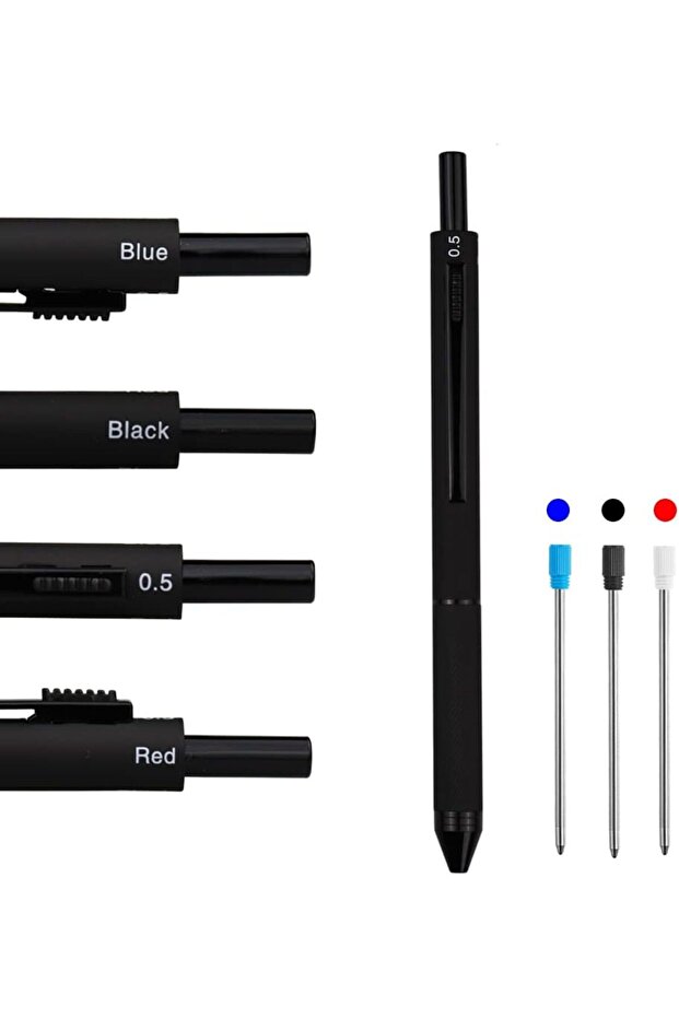 4-in-1 writing ballpoint pen and mechanical pencil, ballpoint pen with 3 fine tips (black/blue/red ink) and 1 mechanical pencil with tip (0.5 mm lead)