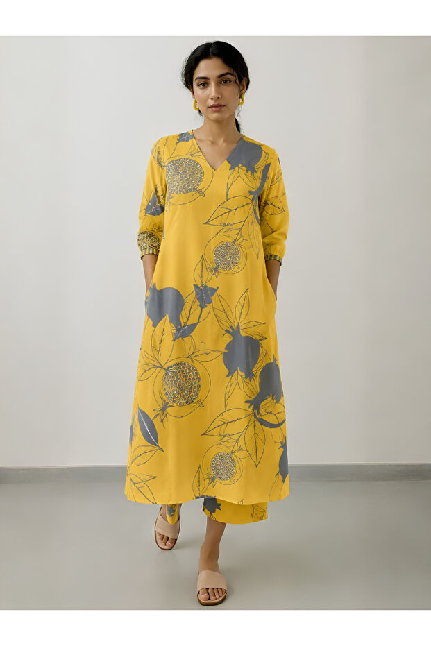Yellow Viscose Floral Print Kurta Set - TRT2001 | Yellow