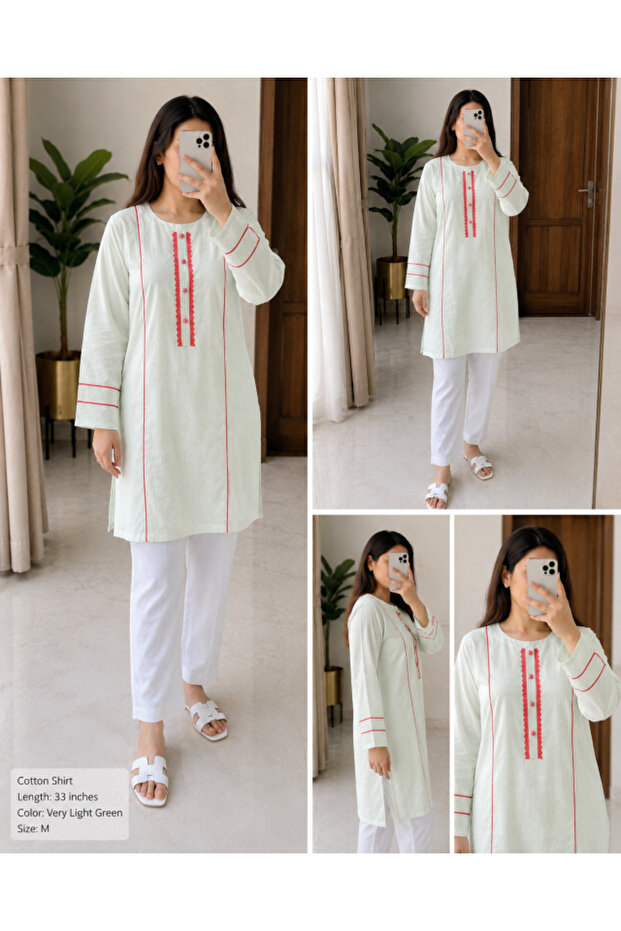 - Mint Green Cotton Modest Shirt with Contrast Red Lace Detail