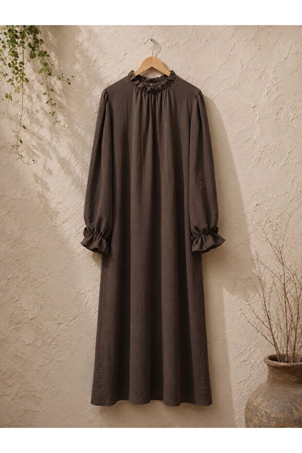 Brown Casual Long Sleeve Linen Dress