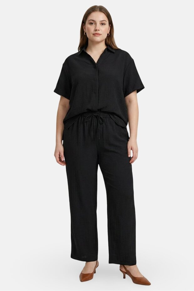 Jeans Women 2 Pcs Plain Short Sleeve Blouse And Pants Set, Black