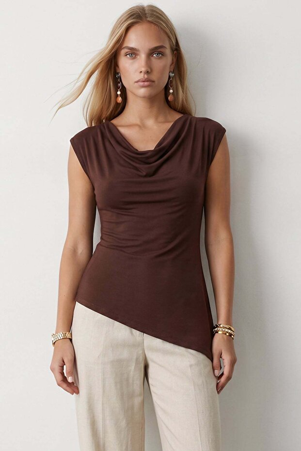 Women's Bitter Brown Degaje Collar Lycra Asymmetrical Cut Viscose Knitted Blouse Alc-X15577