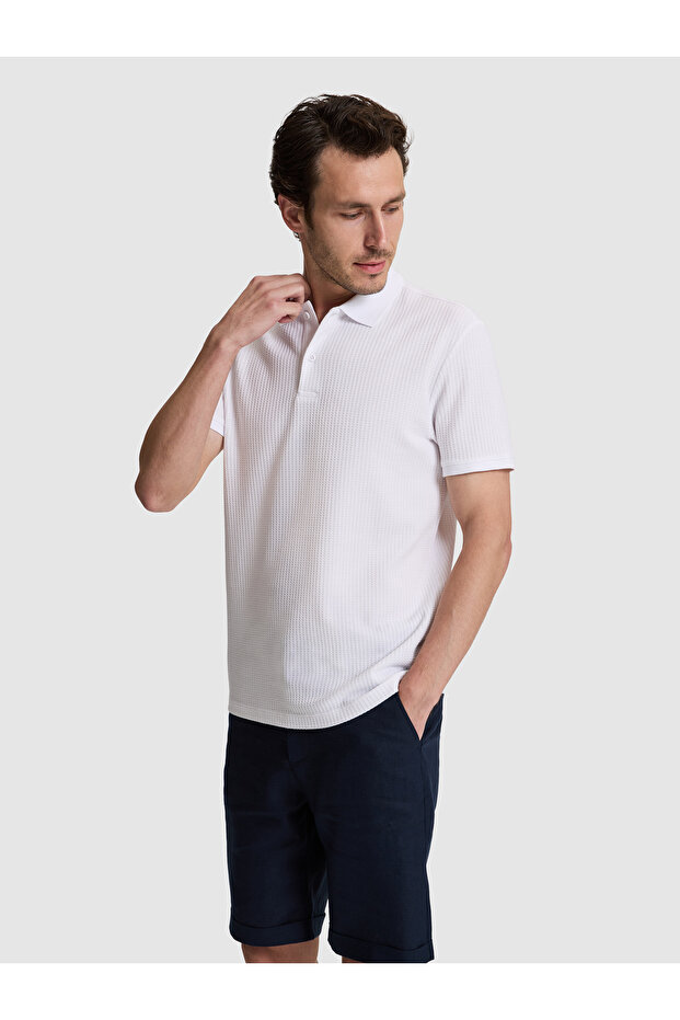 White Slim Fit Cotton Blend Polo Collar T-Shirt 50328350-Vr013