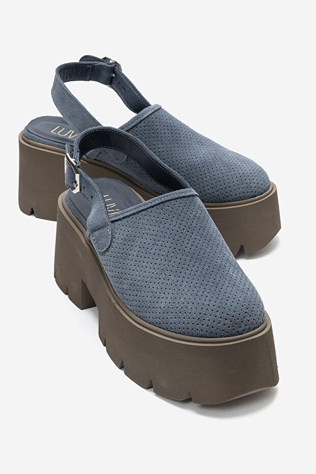 Caldris Denim Blue Suede Genuine Leather Closed Front Thick Platform Sole Women's Sandals