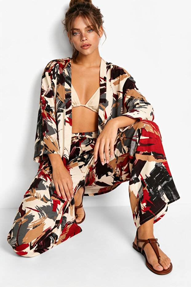 Patterned Summer Viscose Kimono Trousers Set Lrn0013 Anthracite Red