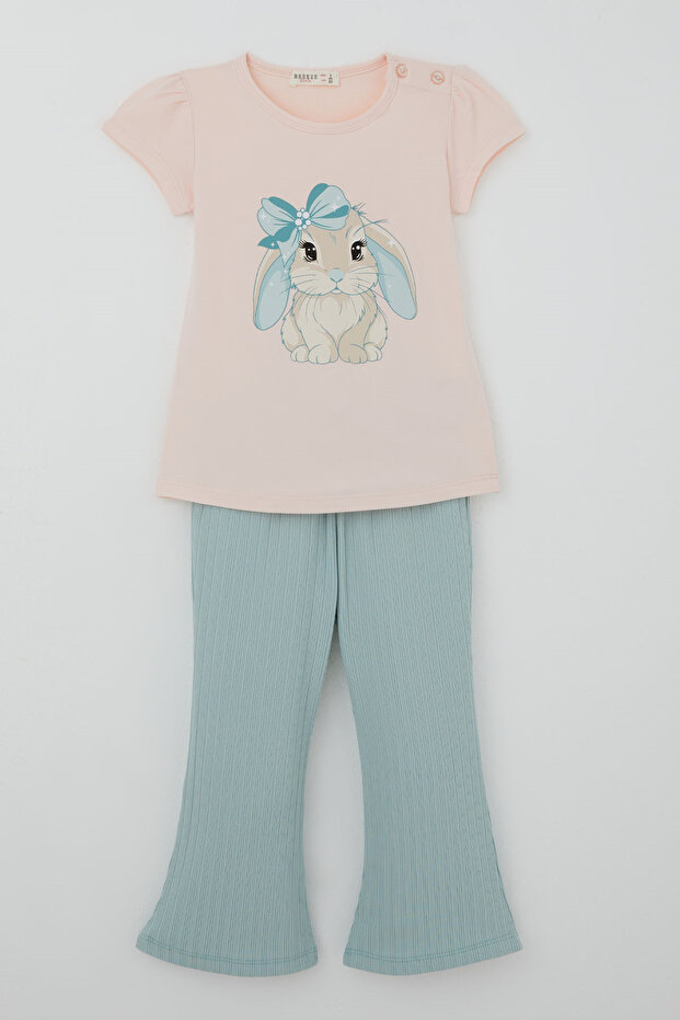 Girl's Tights Set with Cute Bow and Rabbit Print, Ages 1.5-5, Powder