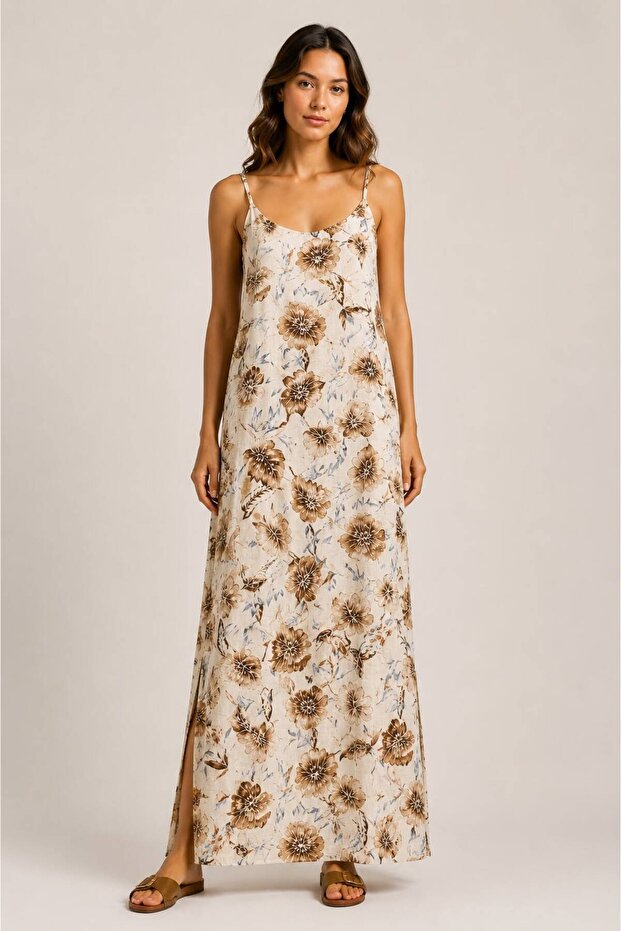 فستان من الكتان بطول ماكسي مع جيوب وحزام من خيوط القطن بنسبة 100%