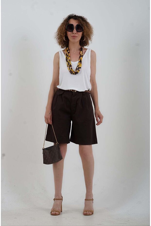 Dark Brown Belted Shorts with Elastic Waist at the Back